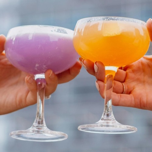 two people holding drinks