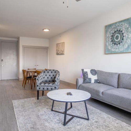 a living room with a couch and a coffee table